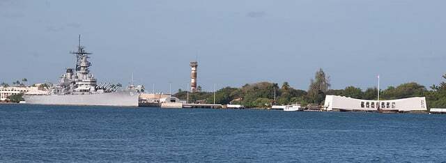 A view of Pearl Harbor showing the USS Missouri Battleship and the USS Arizona Memorial