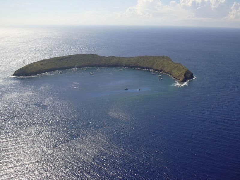 Only the top of Molokini volcanic crater stands above sea level. Photo credit to Forest and Kim Starr