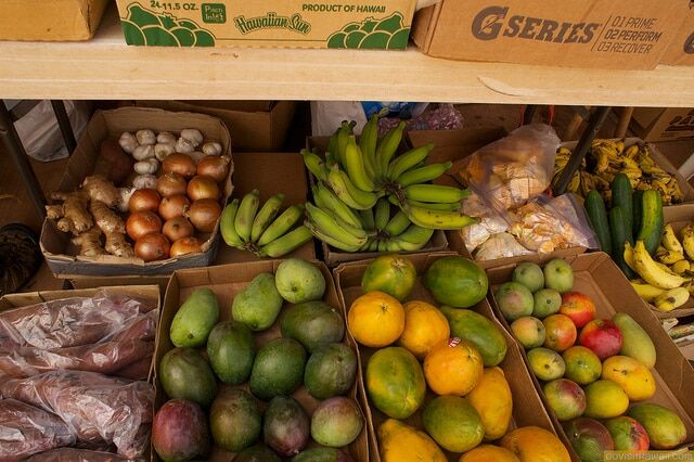 Locally grown fruits and vegetables at the Kaunakakai market.